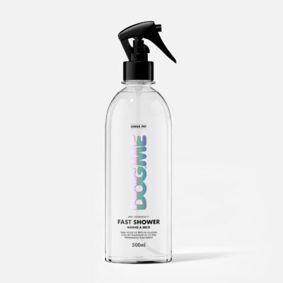 Frasco spray transparente Fast Shower Dogme 500ml para banho a seco de cães, tampa preta e rótulo colorido
