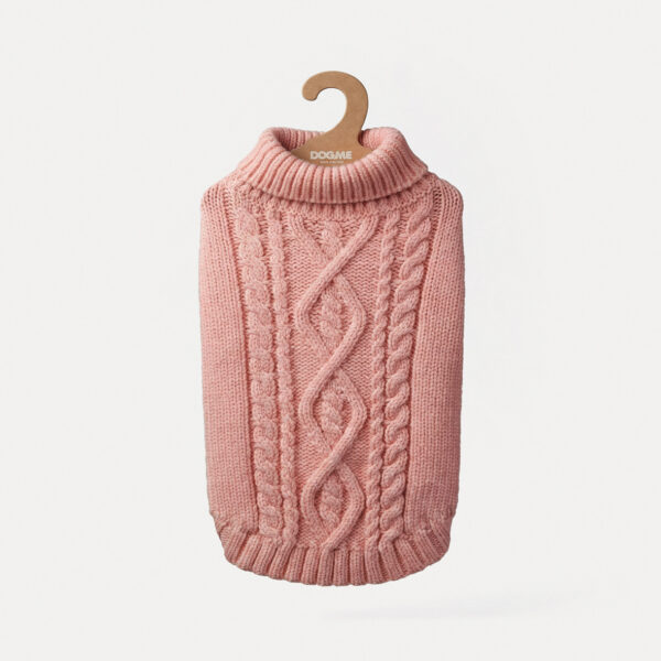 Suéter para cachorro em tricot rosa com tranças, gola e punhos canelados